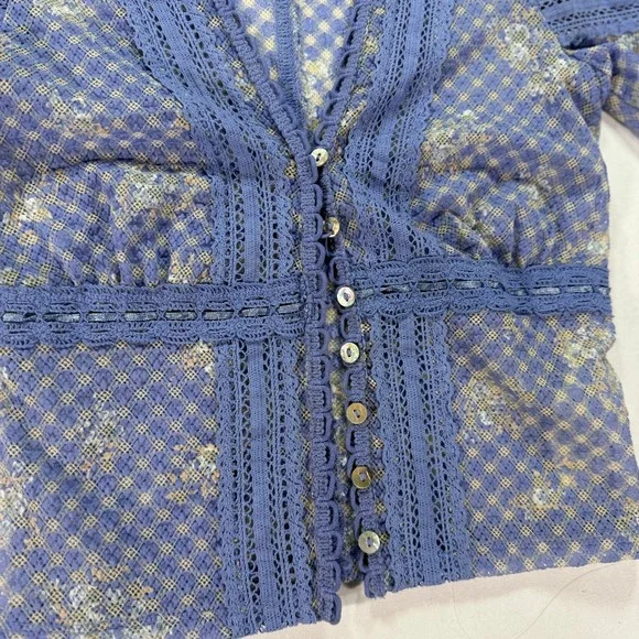 Free People Gingham Floral Lace Cardigan Top Women's XS Blue Sheer Boho V-Neck - Picture 4 of 9